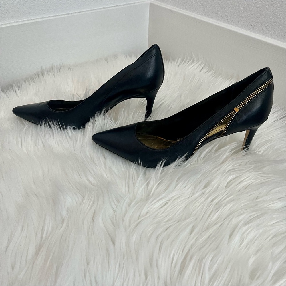Marc Fisher Black Leather Pointed Toe Stiletto With Gold Zipper Embellishment